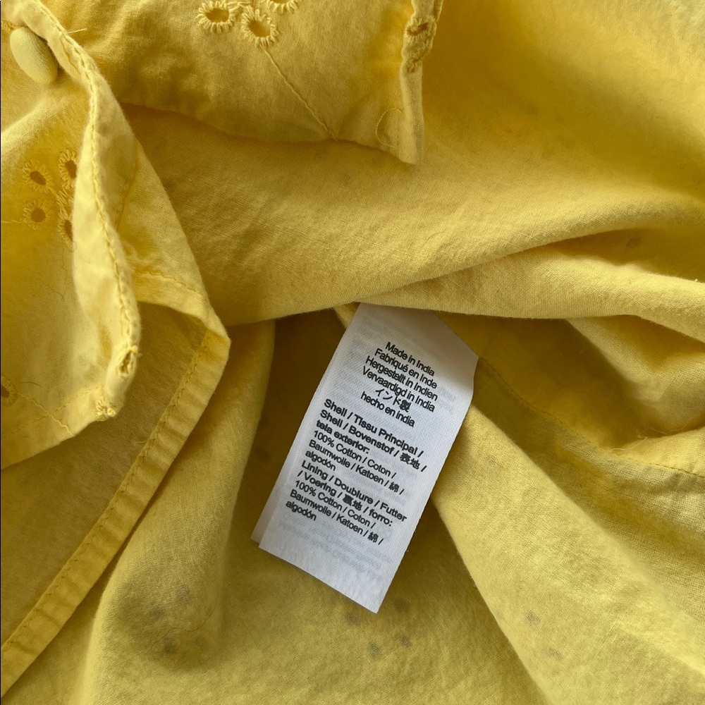 J. CREW yellow puff short sleeve eyelet button up cotton lined V-neck blouse L - Picture 6 of 10